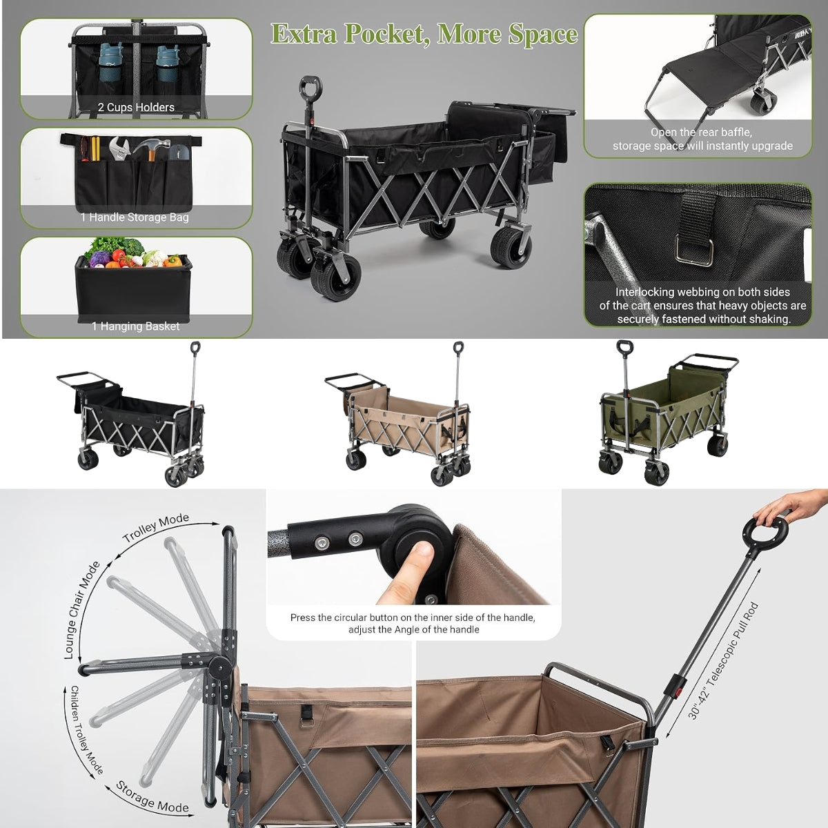 Large Capacity Collapsible Wagon with Opened Tailgate, 500lbs Pulled and Pushed Heavy Duty Folding Wagon Carts, 59" Extra Long Extender Wagons, All-Terrain Big Wheels for Shopping, Sports, Camping
