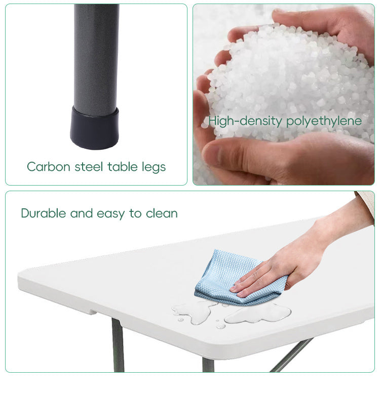 【 4FT/5FT/6FT 】 Folding table with handle and safety lock, easy to set up, with a weight carrying capacity of 330 pounds, suitable for camping, picnicking, parties, and indoor activities, white