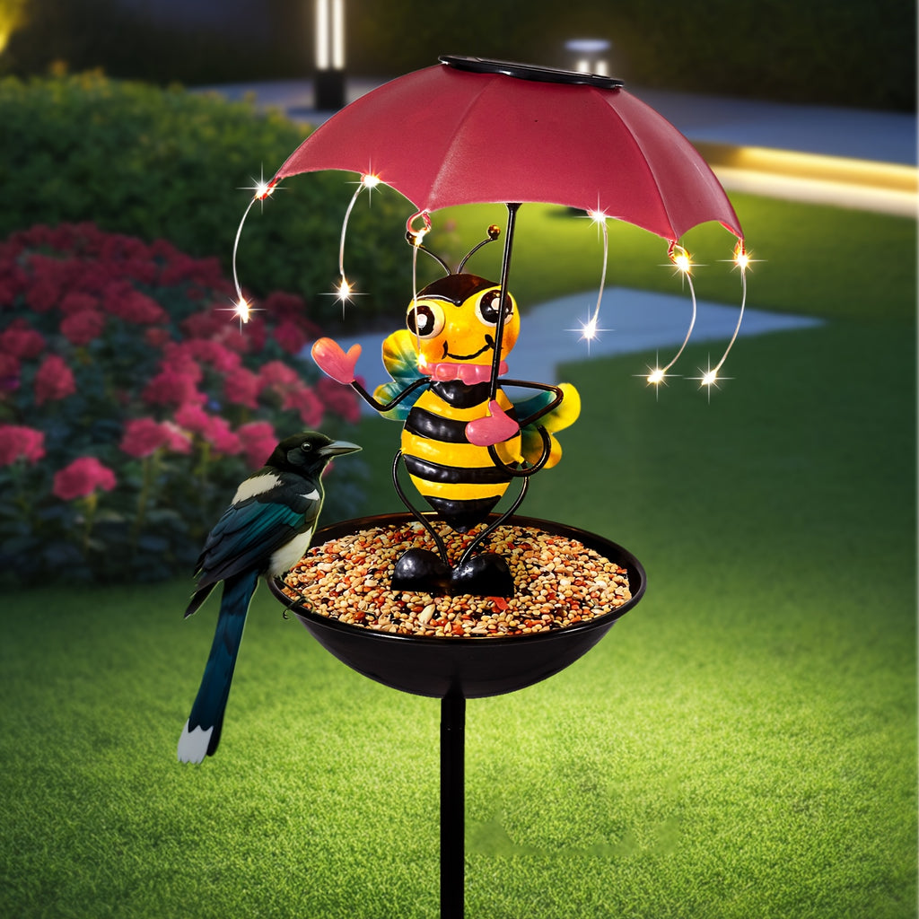 36.2 Inch Iron Bee Figurine for Home Decoration, Collectible Patio Ornaments, Solar LED String Lights, Includes Bird Feeder Feature, Perfect for Father'S Day, Thanksgiving, Christmas Gifts, Ideal for Lawn, Patio, And Garden
