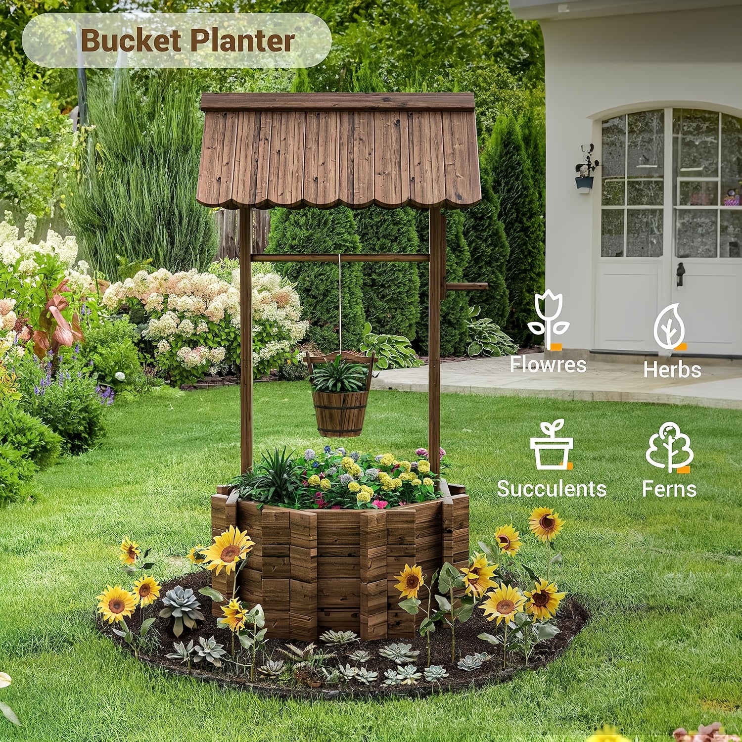 Garden Wooden Decor Rustic Wishing Well Planter Outdoor Home Decor for Patio, Upgrade Wishing Well Garden, Yard Hanging Bucket Patio Lawn Backyard Home Decor