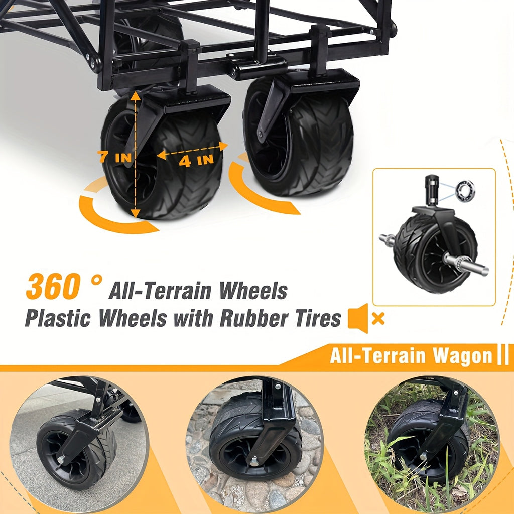 Collapsible Wagon Cart Heavy Duty Folding Cart Utility Wagon All Terrain Beach Wheels Large Capacity Beach Wagon Cart with Brake & Steel Frame Outdoor Garden Cart for Beach Shopping Camping