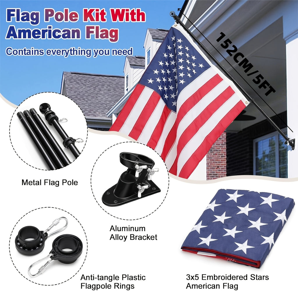 YEYEBEST Flag Pole for House with American Flag-Black Flagpoles Residential Kit with 6ft Tangle Free Metal Flag Poles, 3x5 Embroidered US Flag And Holder Bracket, Stainless Steel for Outside Porch, Outdoor, Boat