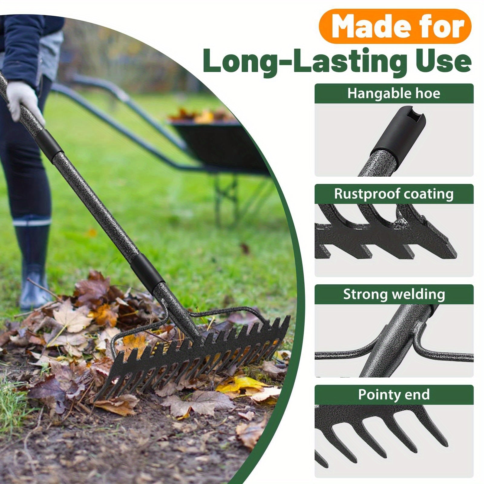 Heavy Duty Adjustable 49/63/77 Inch Garden Rake - 17-Tine Rustproof Metal Leaf Rake for Loosening Soil, Gathering Mulch, Leveling Rocks & Thatch - 17" Wide Yard Tool for Grass Care & Outdoor Maintenance