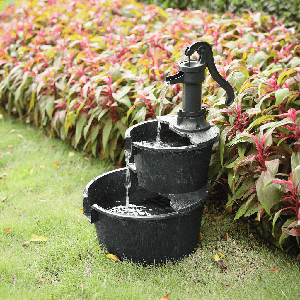 Water Fountains, 27" Tall 2-Tier Barrel Waterfall Fountain for Patio Garden Backyard Decking, 11L Water Capacity