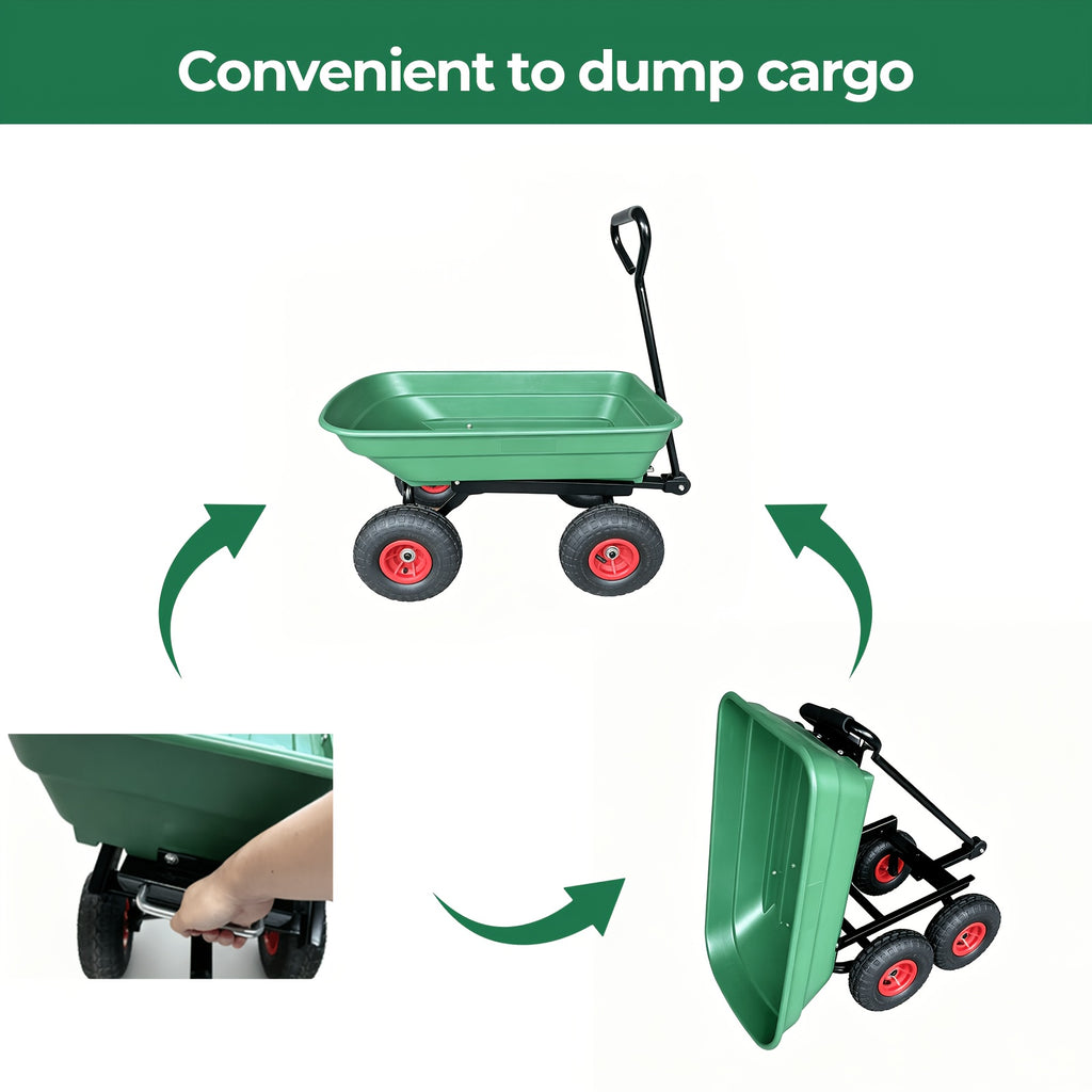 Multi Functional Heavy-duty Four-wheel Garden Handcart, Heavy-duty Steel Frame Structure, Plastic Body, All Terrain Outdoor Yard Handling Vehicle With D-shaped Handle Steering, Suitable For Outdoor Gardening, Lawn, Farm, And Building Handling