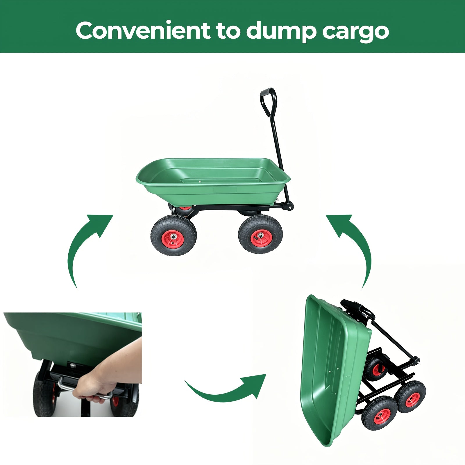 Multi Functional Heavy-duty Four-wheel Garden Handcart, Heavy-duty Steel Frame Structure, Plastic Body, All Terrain Outdoor Yard Handling Vehicle With D-shaped Handle Steering, Suitable For Outdoor Gardening, Lawn, Farm, And Building Handling