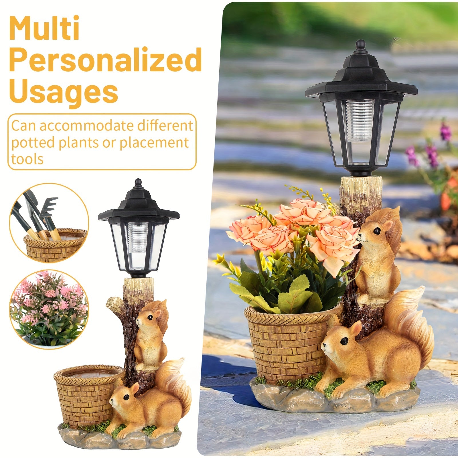 Outdoor Squirrels Flowerpot Garden Statues Sculpture Figurine Decor Solar Powered Light Planter Succulent(not Include Artificial Flowers) Valentine's Day Gifts Decorations