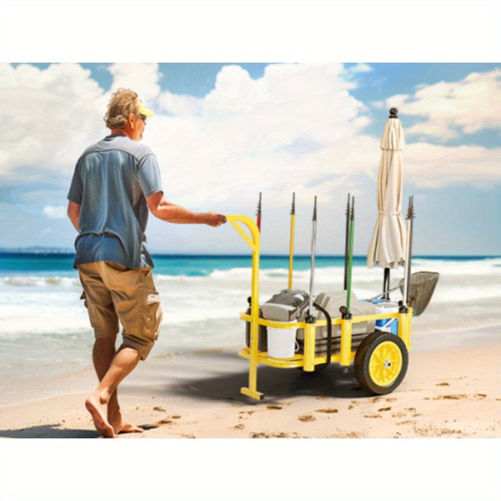 Outdoor Fishing Cart, Sturdy Steel Frame, with 12" PU Wheels, 7 Fishing Rod Tubes, Large Capacity, for Beach, Surfing, Kayak, Yellow, 1pc