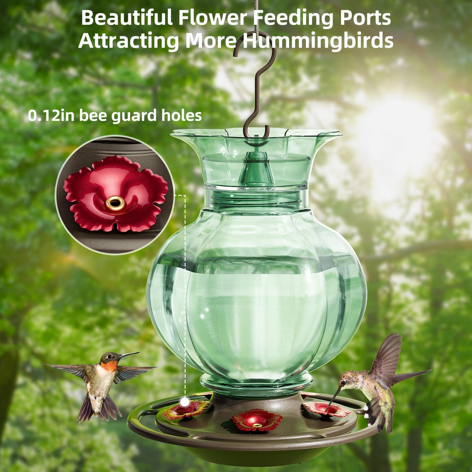Auslar 16 Ounce Red Glass Hummingbird Feeder, Outdoor Hanging Barn Lantern Shape With 5 Flower Feeding Ports & Built-in Ant Moat, Rustproof & Leakproof - Garden Yard Decor Essential, Perfect Valentine'S Day & Mother'S Day Gift