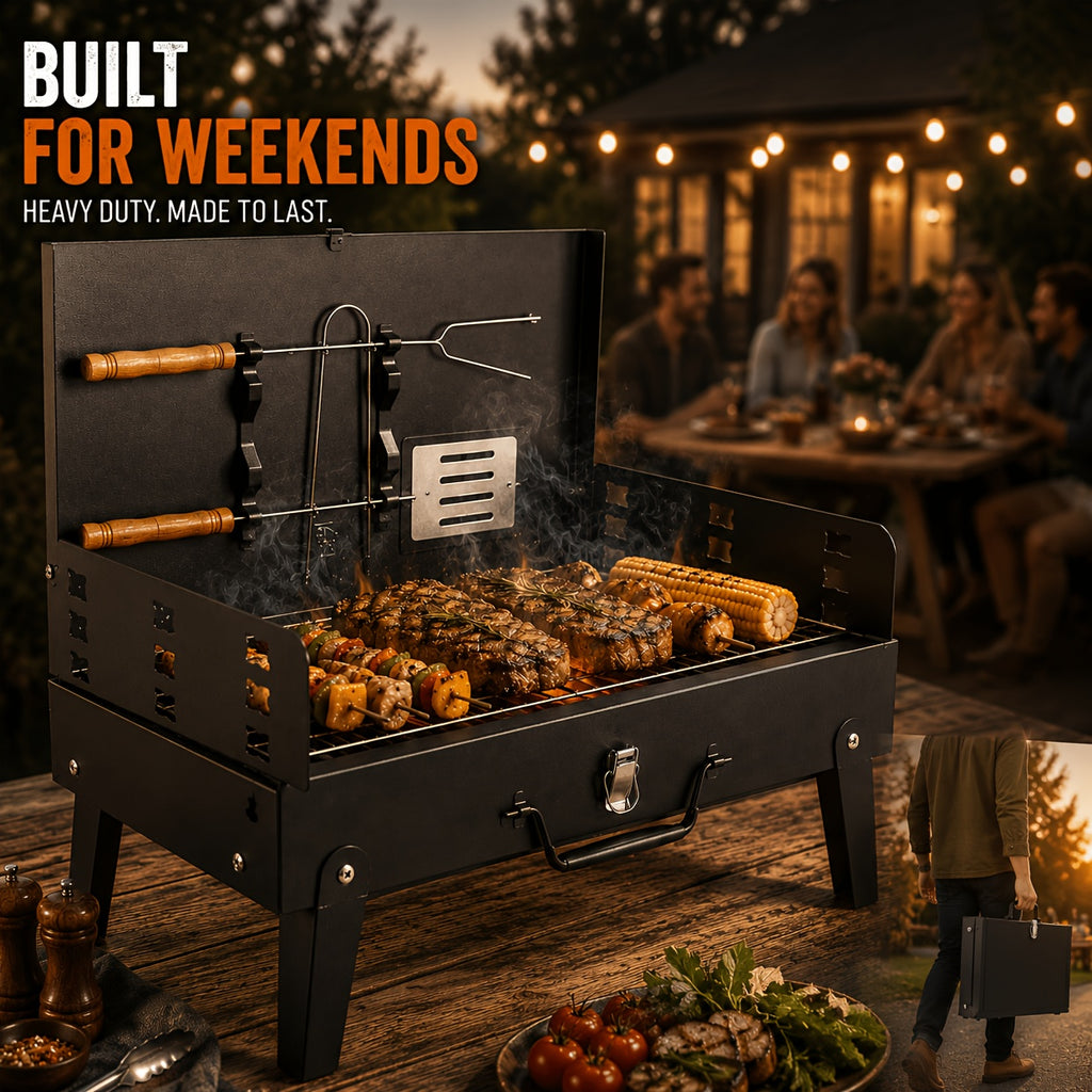 Portable Charcoal BBQ Grill, Small Outdoor Foldable Barbecue Grill, Collapsible Camping Grill with BBQ Accessories & Windshield, Ideal for Outdoor Picnic & Backyard Use, Father's Day Gift for Dad, BBQ Gifts for Men