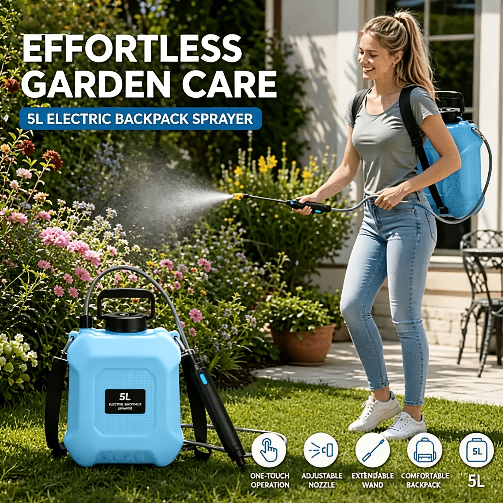 High-Efficiency Labor-Saving Electric Sprayer, Large Capacity, Kink-Resistant Hose, Backpack-Type Water Spray Can, 1.35 Gallon/5 Liter USB Rechargeable Electric Garden Sprayer. Portable Sprayer Equipped with a 25.9-inch Telescopic Wand, 3-setting
