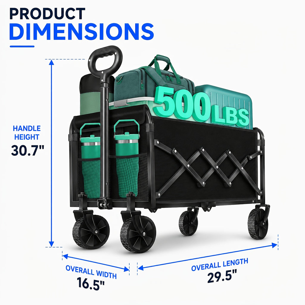 500LBS/ 780LBS All Terrain Heavy Duty Folding Cart, Large Capacity Camper Suitable for Yard Shopping/ Sports/ Outdoor/ Gardening Equipment Handling, Black Multifunctional Utility Cart