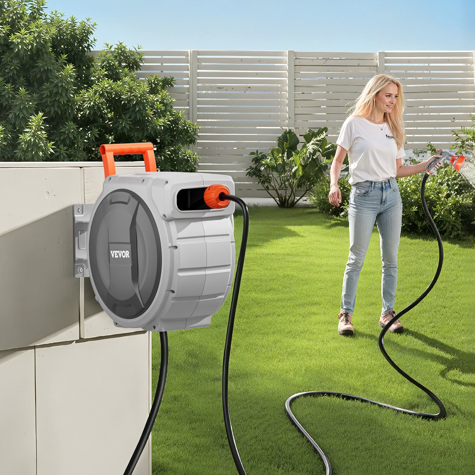 VEVOR Retractable Garden Hose Reel, 1/2 inch / 5/8 Inch x 65ft / 85ft / 100ft Wall Mounted, Heavy Duty with 9-Pattern Nozzle, Adjustable Length Lock, Upgraded Slow Return System & 180° Swivel Bracket
