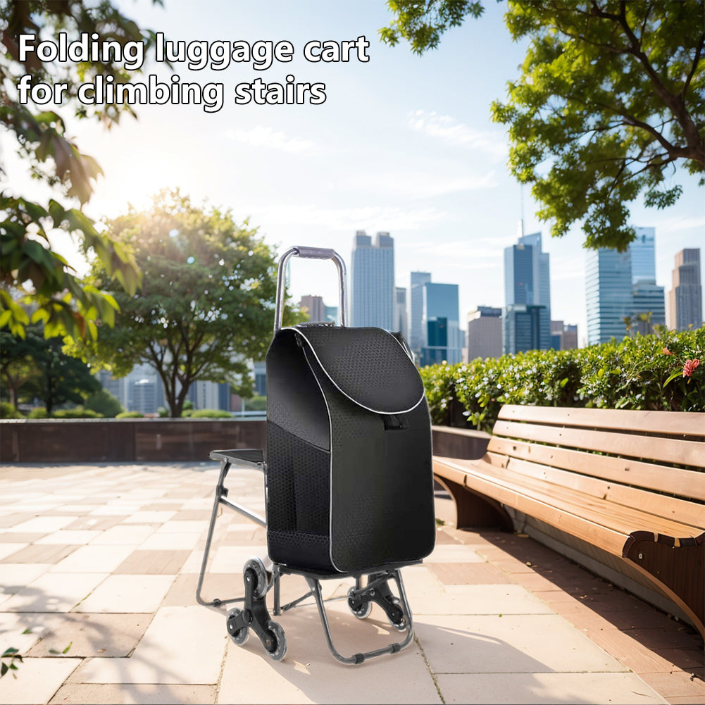 Climbing Stairs Luggage Cart Trolley with Waterproof Bag & Chair Folding Grocery Shopping Trolley Portable Folding Cart with Climbing Stair Wheels for Effortless Grocery Transport