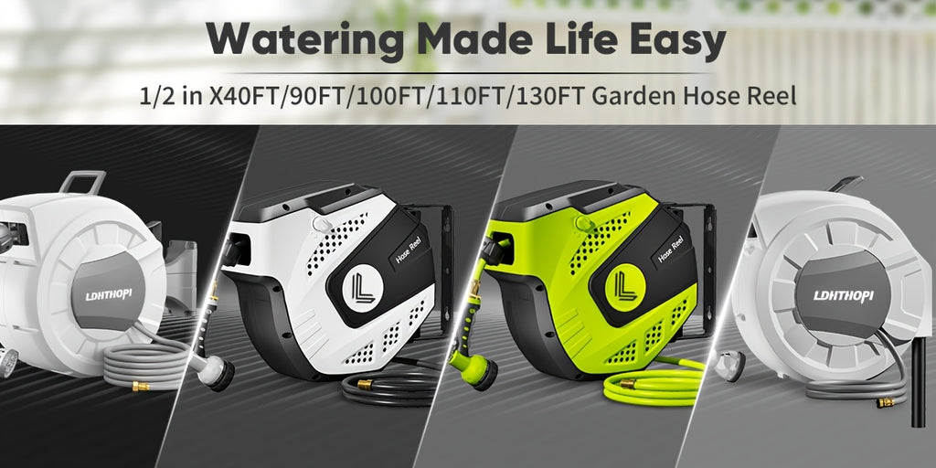40/100/110/130FT X 1/2" Retractable Garden Hose Reel, Decorative Outdoor Garden Hose Reels - Automatic Self-Retracting Wall-Mount Hose Reel with Enclosed Storage, Any Length Lock, 10 Patterns Nozzle