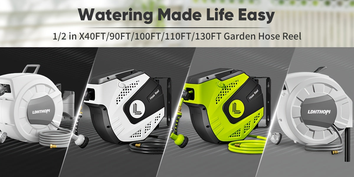 40/100/110/130FT X 1/2" Retractable Garden Hose Reel, Decorative Outdoor Garden Hose Reels - Automatic Self-Retracting Wall-Mount Hose Reel with Enclosed Storage, Any Length Lock, 10 Patterns Nozzle