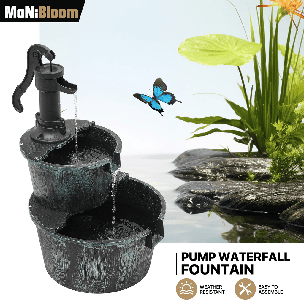 Water Fountains, 27" Tall 2-Tier Barrel Waterfall Fountain for Patio Garden Backyard Decking, 11L Water Capacity