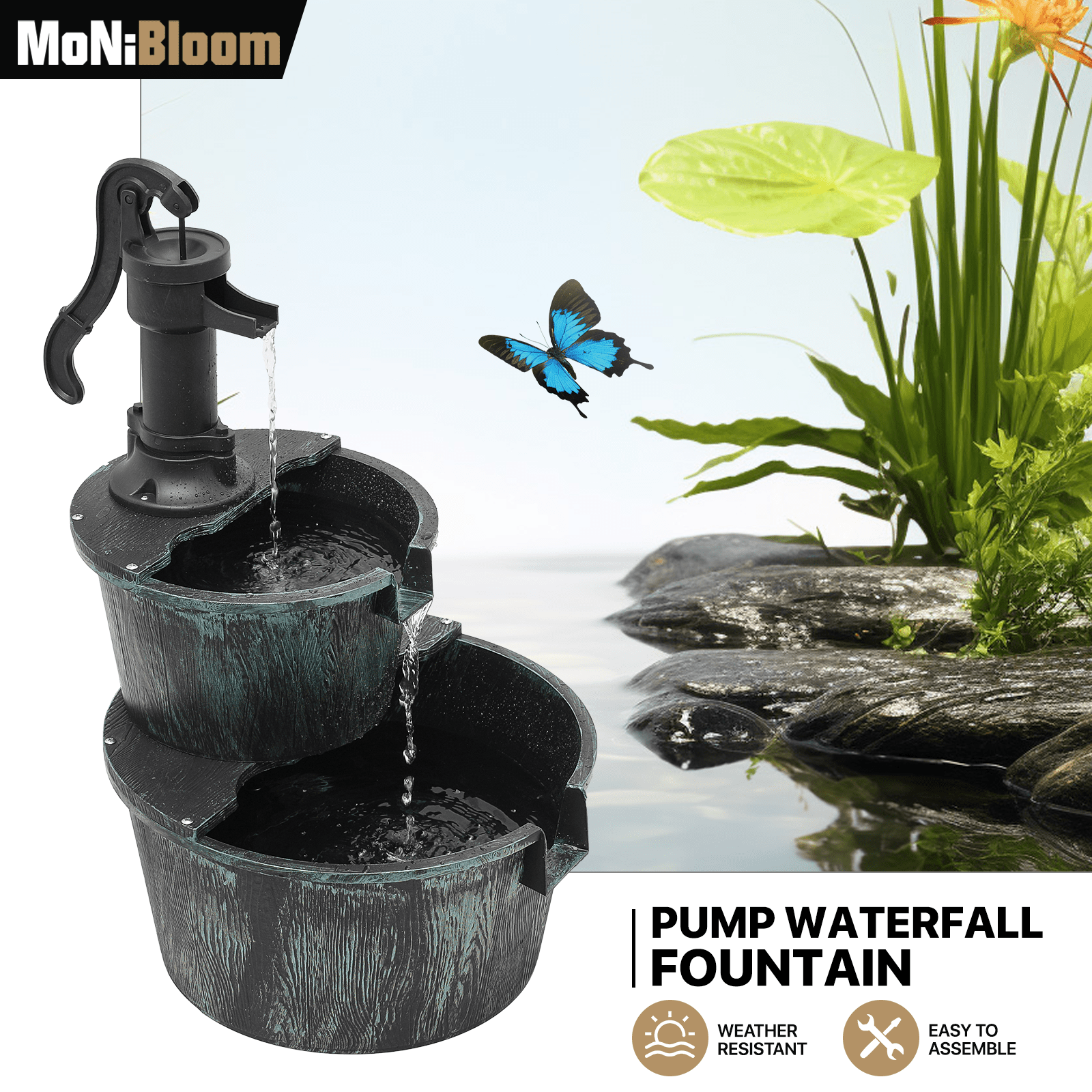 Water Fountains, 27" Tall 2-Tier Barrel Waterfall Fountain for Patio Garden Backyard Decking, 11L Water Capacity