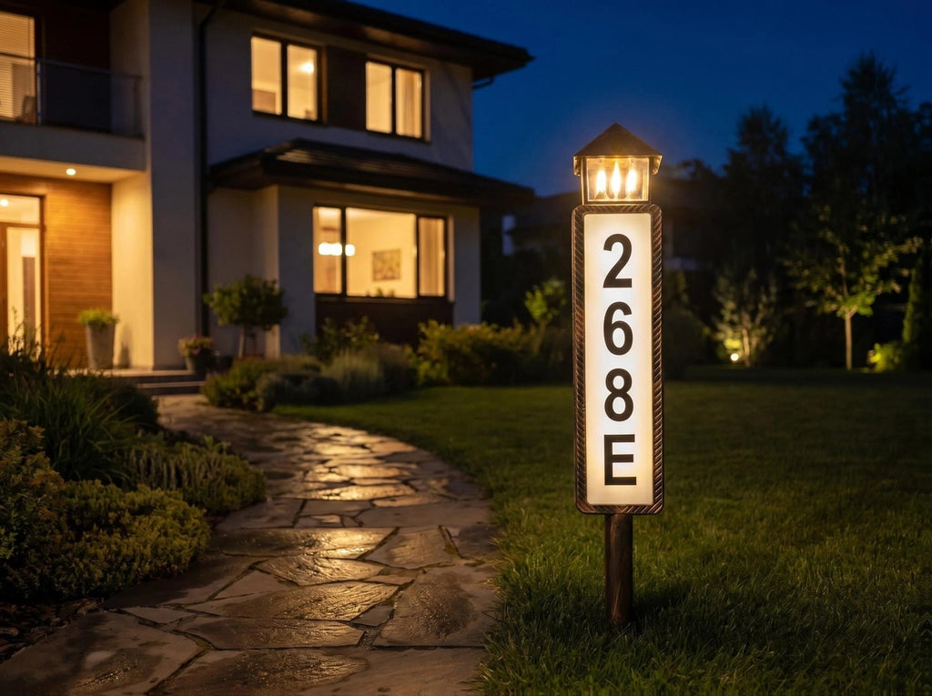 Solar Powered Address Sign with 3 Color Modes, IP44 LED Illuminated House Numbers for Outside, Yard, Apartment, Street - Easy to Install