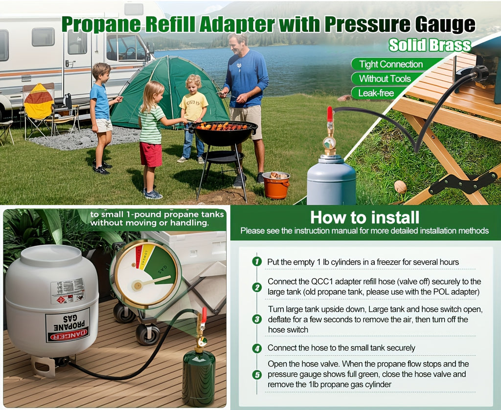 Propane Refill Adapter Hose For 1 Lb Tanks, Propane Tank Refill Adapter Rubber Hose With Pressure Gauge Propane Tank Filler 350 PSI High Pressure Camping Grill (QCC/Type1 Inlet) 1LB Propane Tank Adapter Connector With On/Off Control Valve