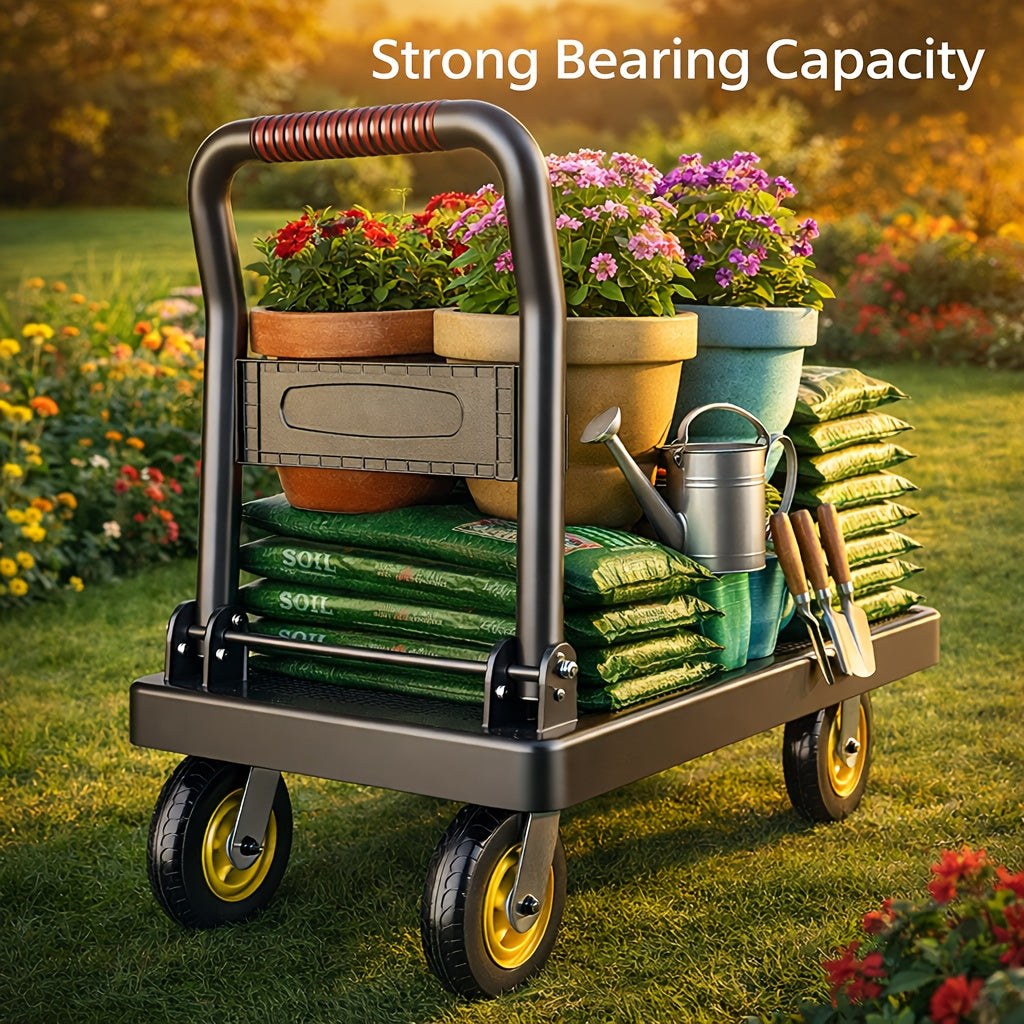 Heavy Duty Garden Cart with Folding Handle, 4 Wheel Outdoor Utility Platform Wagon for Plants, Soil And Yard Work
