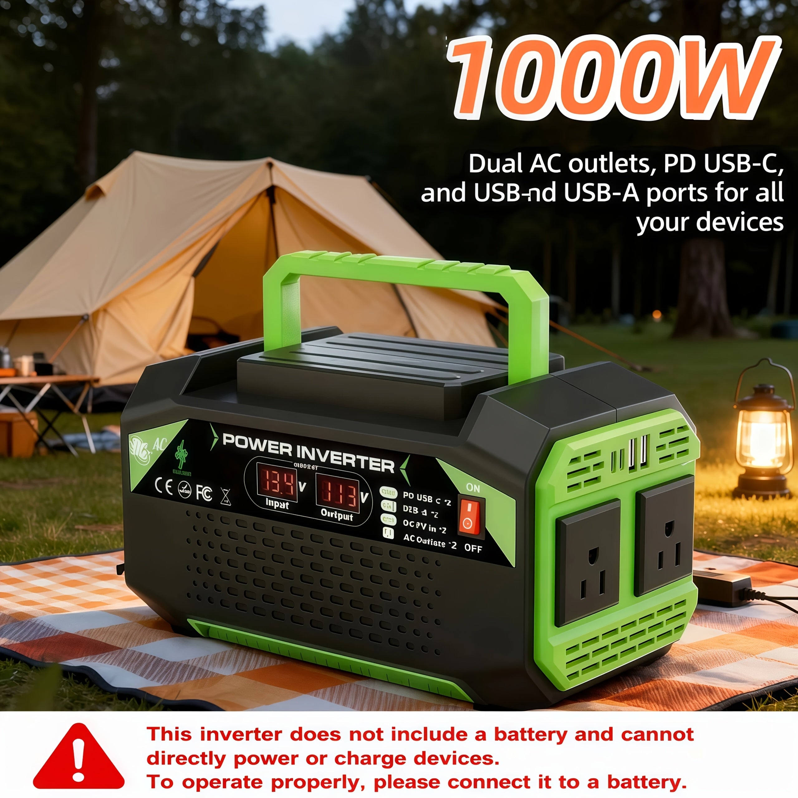 1000W Pure Sine Wave Power Inverter 12VDC to 110V/120V AC for Solar System/RV/Off-Grid/Truck/Home Backup