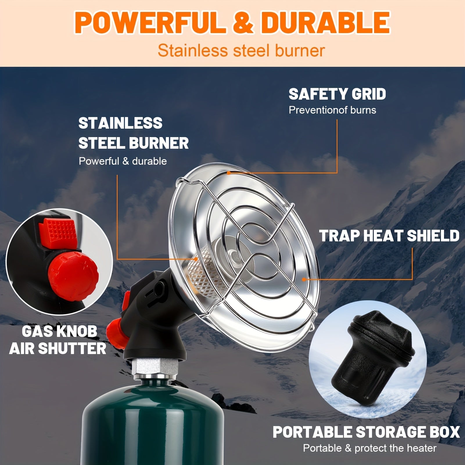 Portable Propane Heater for Camping, Outdoor Small Space Patio Garage Heater, Self-Igniting Radiant Heater, Foldable Gas Tank Holder, Suitable for Hiking, Ice Fishing, Hunting, Tents, Backyard