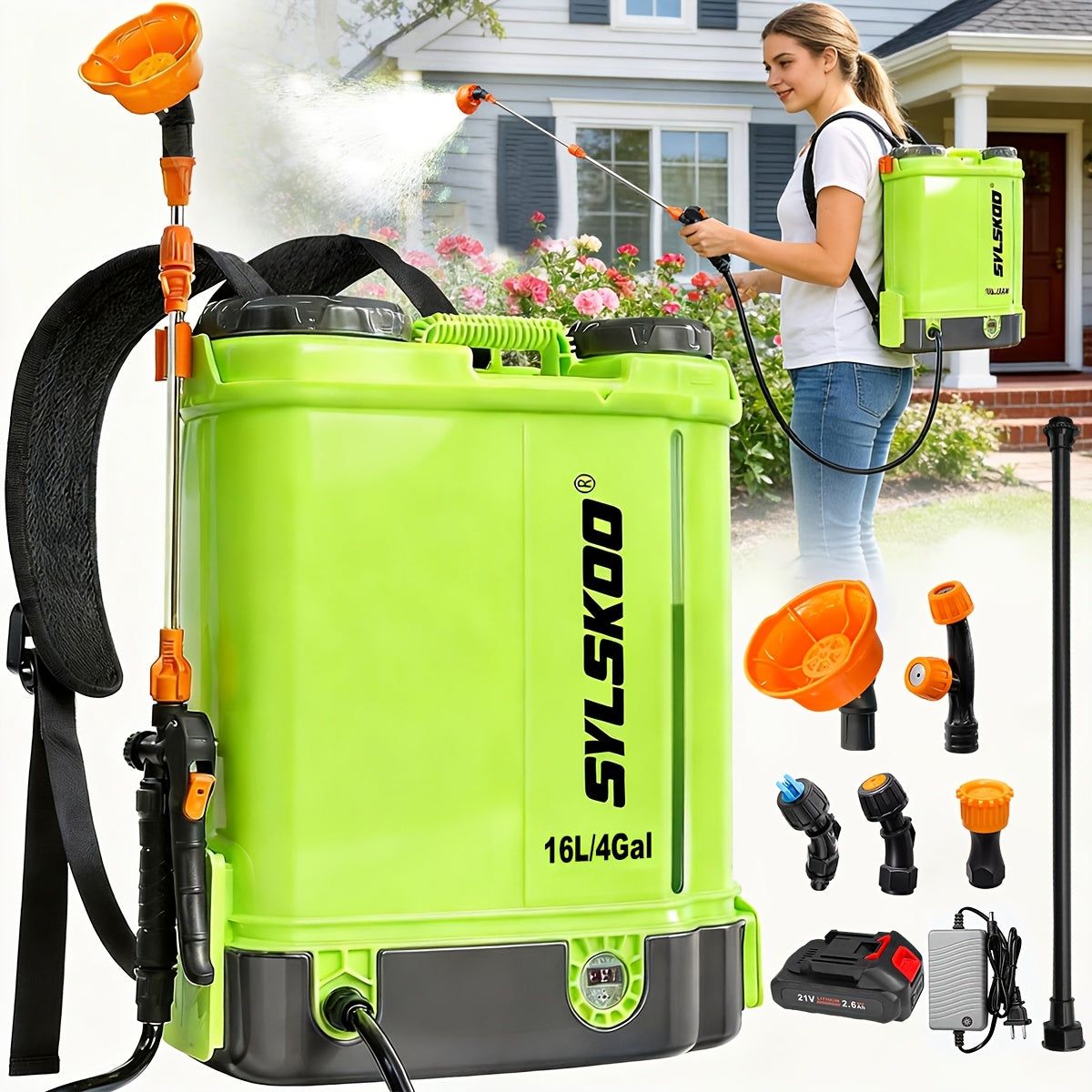 4 Gallon Battery Powered Backpack Sprayer, 100 PSI Adjustable Pressure Sprayer Compatible, Electric Weed Yard Sprayer with Telescopic Wand, 5 Nozzles, 21V 2.6Ah Battery And Charger Included