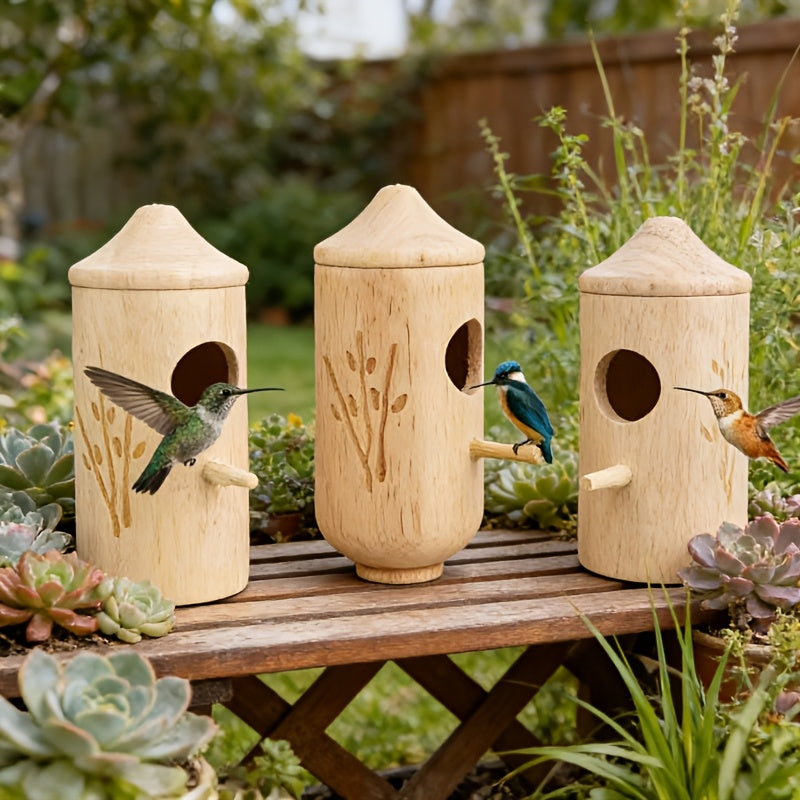 3pcs Natural Wood Hummingbird House & Bird Feeder - Rustic Outdoor Garden Nest Suitable for Hanging, Bird Shelter with Feeder, Wood for, Balcony, Garden Decor - Gift for Bird Lovers