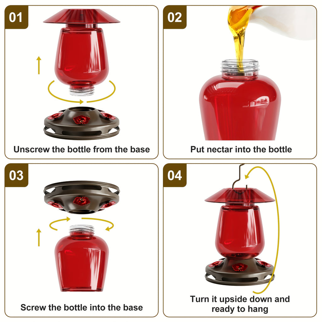 Auslar 16 Ounce Red Glass Hummingbird Feeder, Outdoor Hanging Barn Lantern Shape With 5 Flower Feeding Ports & Built-in Ant Moat, Rustproof & Leakproof - Garden Yard Decor Essential, Perfect Valentine'S Day & Mother'S Day Gift