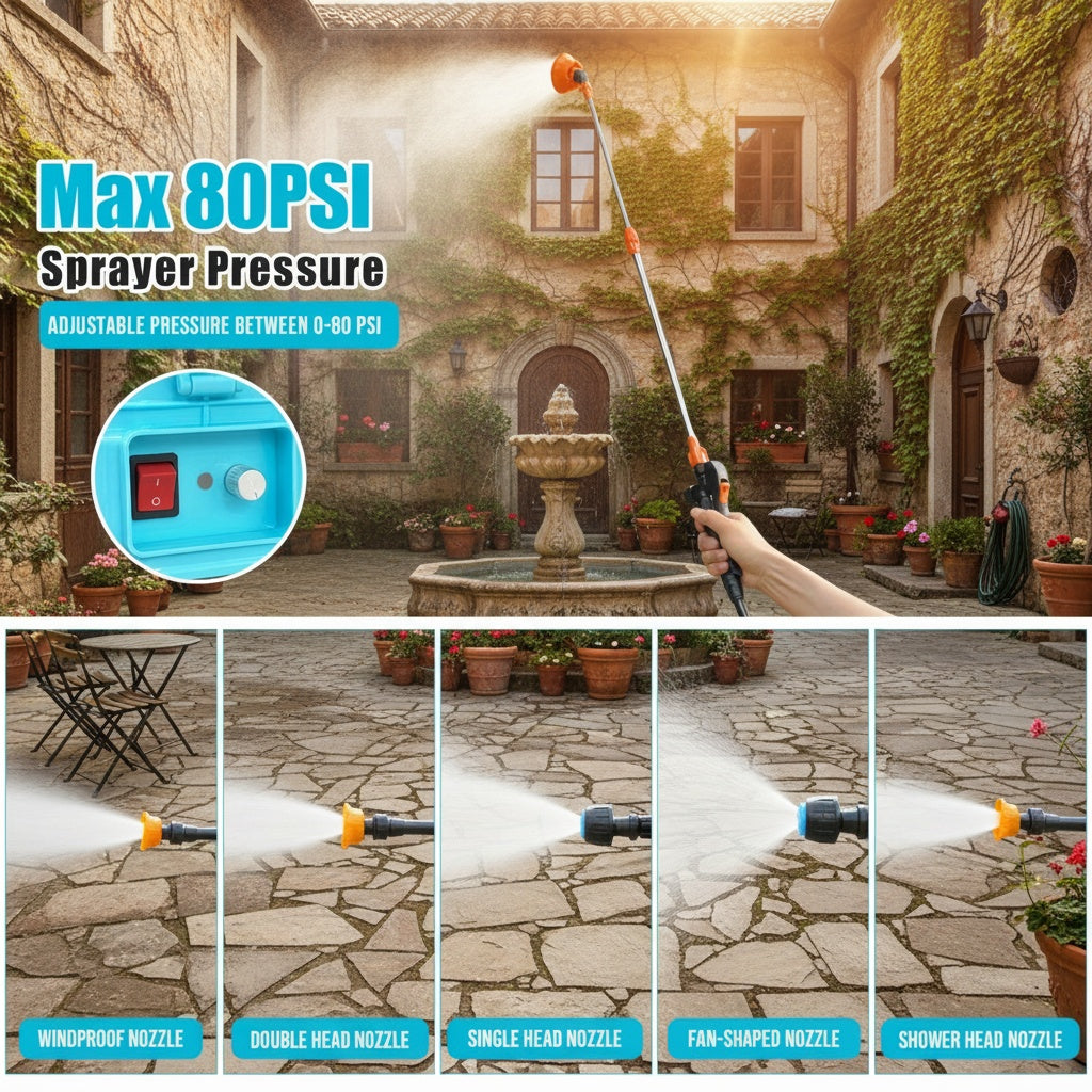 3.2 Gallon Backpack Sprayer Battery Powered, 0-80 PSI Adjustable Pressure Sprayer Compatible with 18V Battery, Electric Sprayer with Steel Telescopic Spray Wand, 5 Nozzles, 2.0Ah Battery&Charger Included
