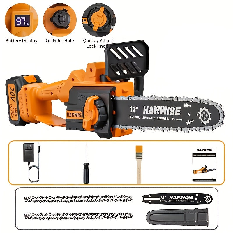 [Handheld Chainsaw] HANWISE 12-inch Handheld Cordless Electric Chainsaw, 3500 RPM, with Battery, Splash Guard, Safety Lock, and Deluxe Accessories. Suitable for Garden, Yard, and Camping Use for Trimming Branches. An Essential Gardening Tool, a Must-have