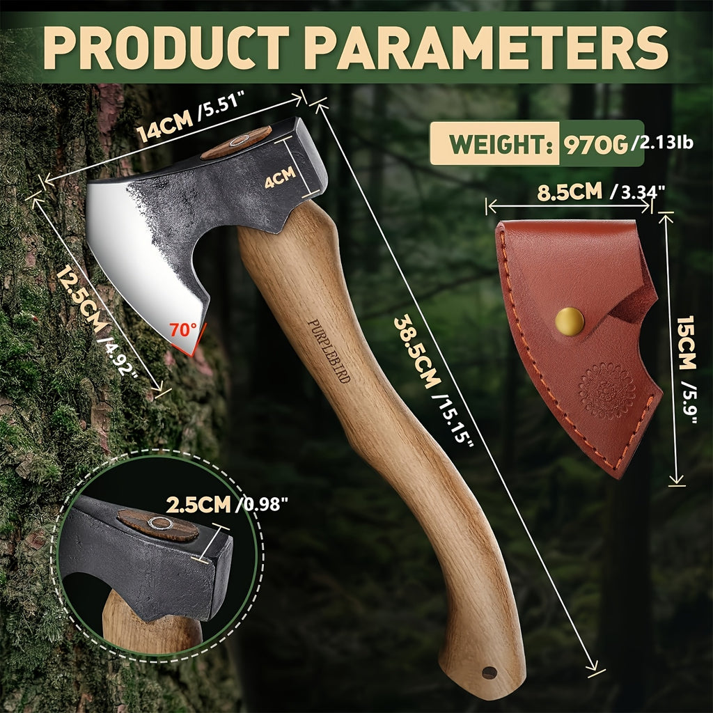 Hatchet Axe with Sheath 14" Wood Hatchet Carbon Steel Heat Treated Bushcraft Hatchet - Hand Forged Camping Axe for Chopping Wood, Garden- Axe Gift Set for Men
