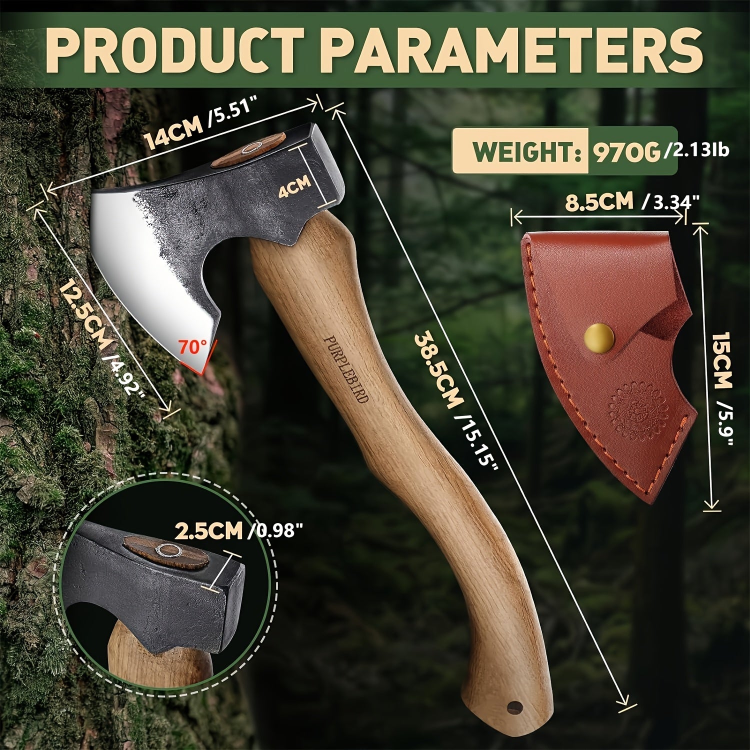 Hatchet Axe with Sheath 14" Wood Hatchet Carbon Steel Heat Treated Bushcraft Hatchet - Hand Forged Camping Axe for Chopping Wood, Garden- Axe Gift Set for Men