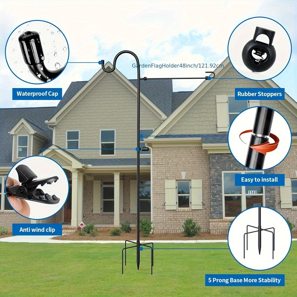 A 48-Inch Tall Garden Flagpole Stand And Shepherd'S Hook Made of 1/2-Inch Thick Metal, Suitable for Outdoor Use, Perfect for Holiday Gifts, Including Halloween And Christmas Presents (Flags And Lanterns Are Not Included)