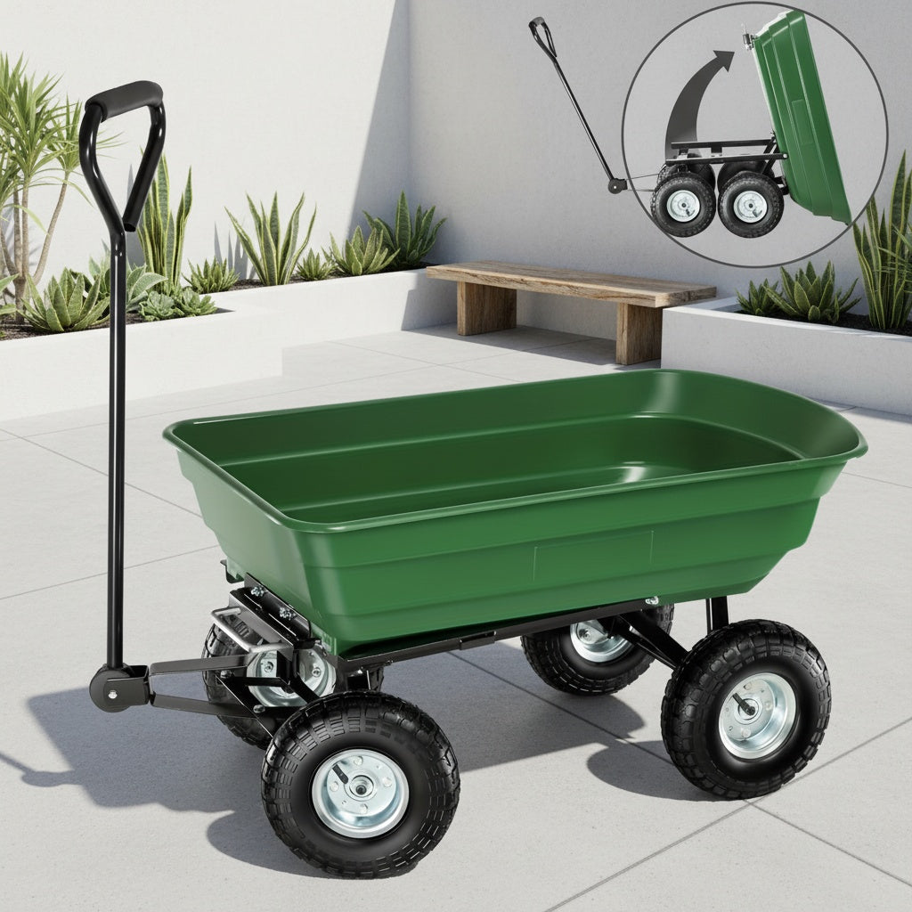 [Heavy-Duty Garden Cart] Heavy-Duty Steel Frame Garden Cart Yard Wagon | 220 Lb. Capacity, Quick-Release Dump Mechanism, All-Terrain 10" Pneumatic Tires - Green, Durable Plastic Body - for Lawn, Farm, Construction