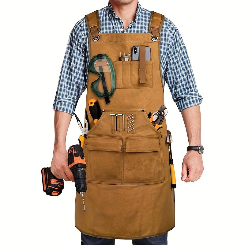 Woodworking Apron for Men with 9 Tool Pockets, Heavy Duty Waxed Canvas Apron, Gifts for Men, Adjustable Cross Back Straps - Suitable for Workshop Mechanics, Technicians, Carpenters, Blacksmiths, And Gardeners