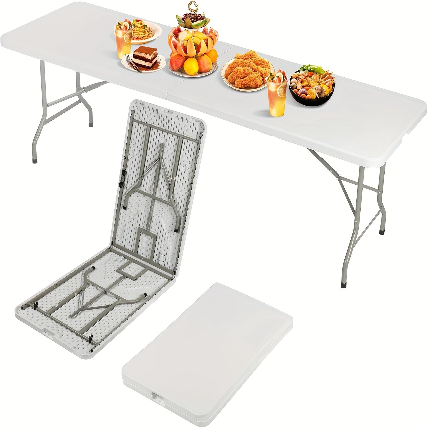 8ft Portable Plastic Folding Table for Indoor & Outdoor, Heavy Duty Fold Up Table Foldable Picnic Tables Dining Table for Camping Parties Backyard Events, White