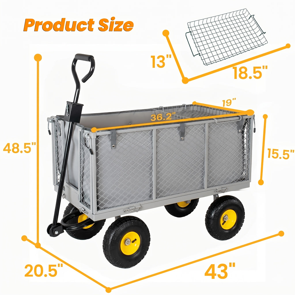 900 LBS Heavy Duty 3-in-1 Garden Cart, Pullable Metal Utility Wagon with Removable Mesh Sides, Flatbed Yard Cart with 10' All Terrain Tires for Farm, Lawn, Gardening & Outdoor Hauling