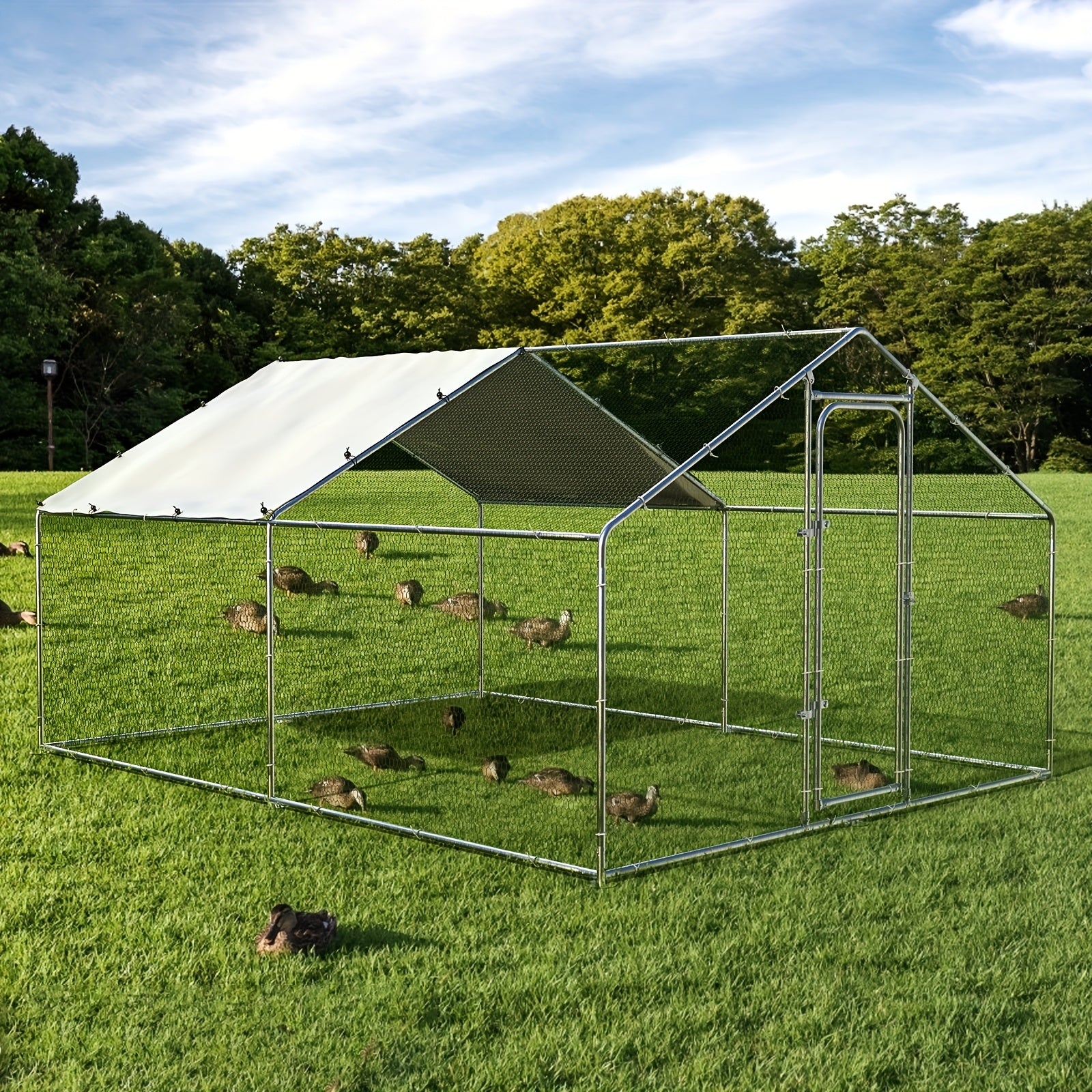SNDM Large Metal Chicken Coop & Outdoor Poultry Cage for Chickens, Ducks, Rabbits - Weather-Resistant, UV-Resistant Semi-Cover Design with Ventilation Mesh Walls, Easy-Access Doors & Secure Latches, No Electricity Needed, Small Livestock Enclosure, Rabbit