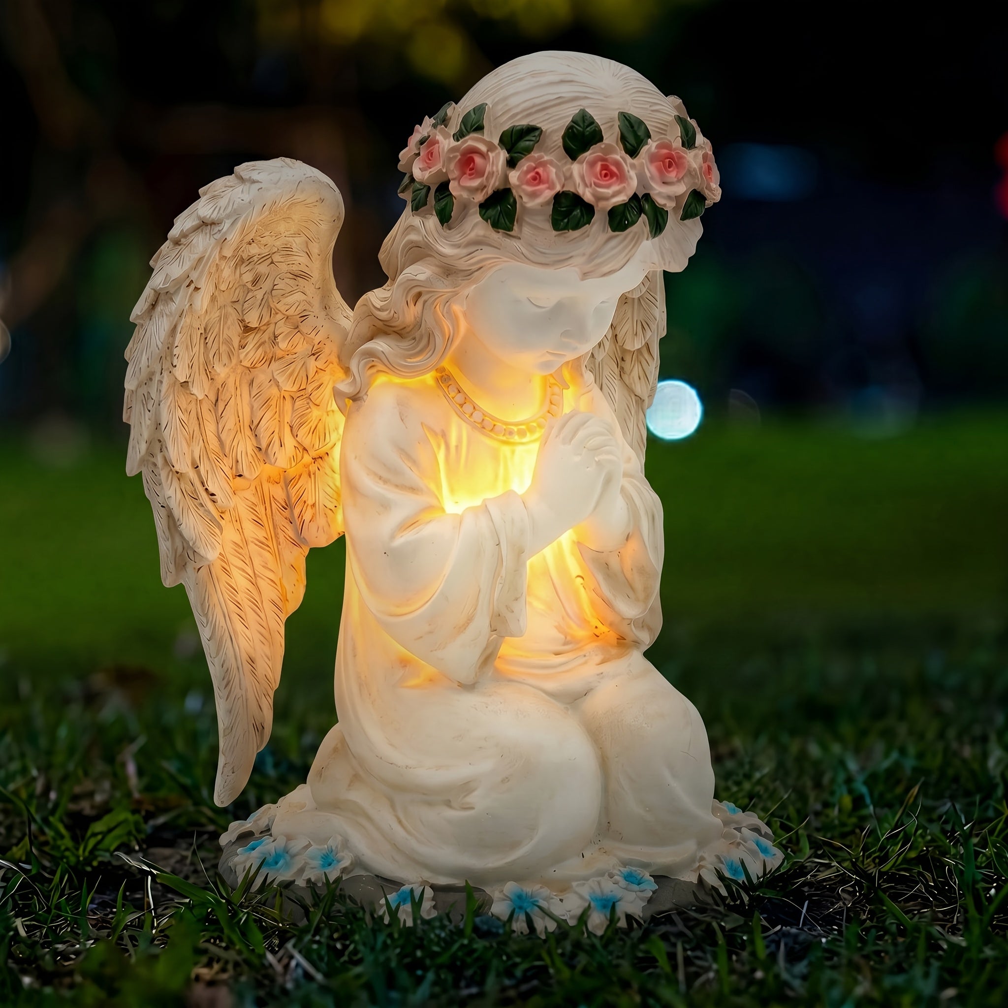 Solar Angel Garden Statue, Outdoor Lawn Decor Figurine Light, Resin Flower Sculptures with LED Lights, Art Housewarming Ornament Gift for Yard Fairy Backyard Lawn Patio Porch Balcony