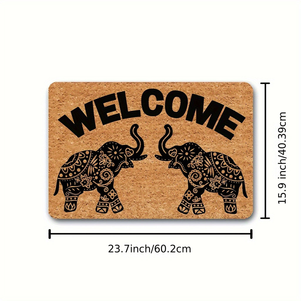 Bohemian Style Elephant Welcome Doormat | Personalized Monogram Kitchen Rug With Anti-Slip Rubber Back, Novelty Gift Mat, 23.7 X 15.9 Inches