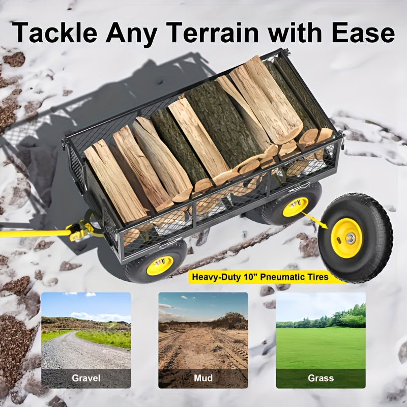 Garden Cart, Heavy-duty 900-pound Capacity, with Removable Sides, Metal Construction, 4-wheel Design, And Ergonomic Handle, Suitable for Lawn Care, Gardening, And Yard Tools., Outdoor Utility Cart, Heavyduty Hauling, Sturdy Construction, Ergonomic Handle
