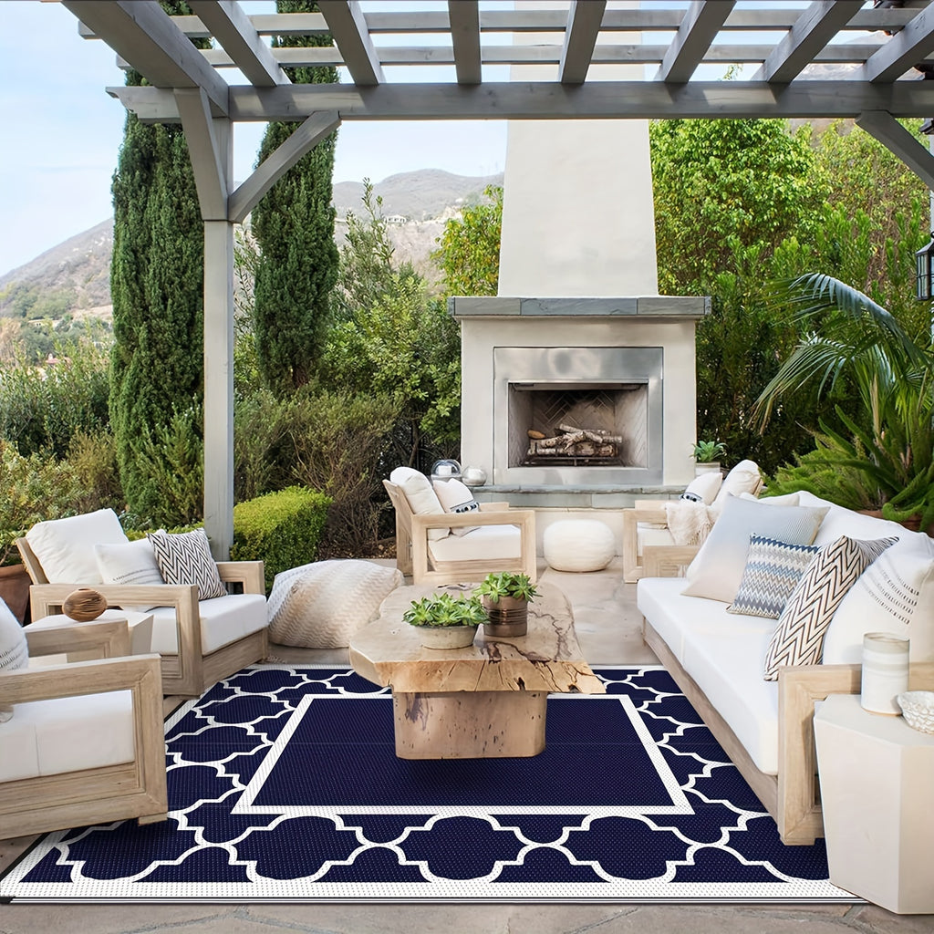 Outdoor Rug for Patio, Large Mat, Reversible Plastic Camping Rugs, Porch, Deck, Camper, Balcony, Backyard, Black And White