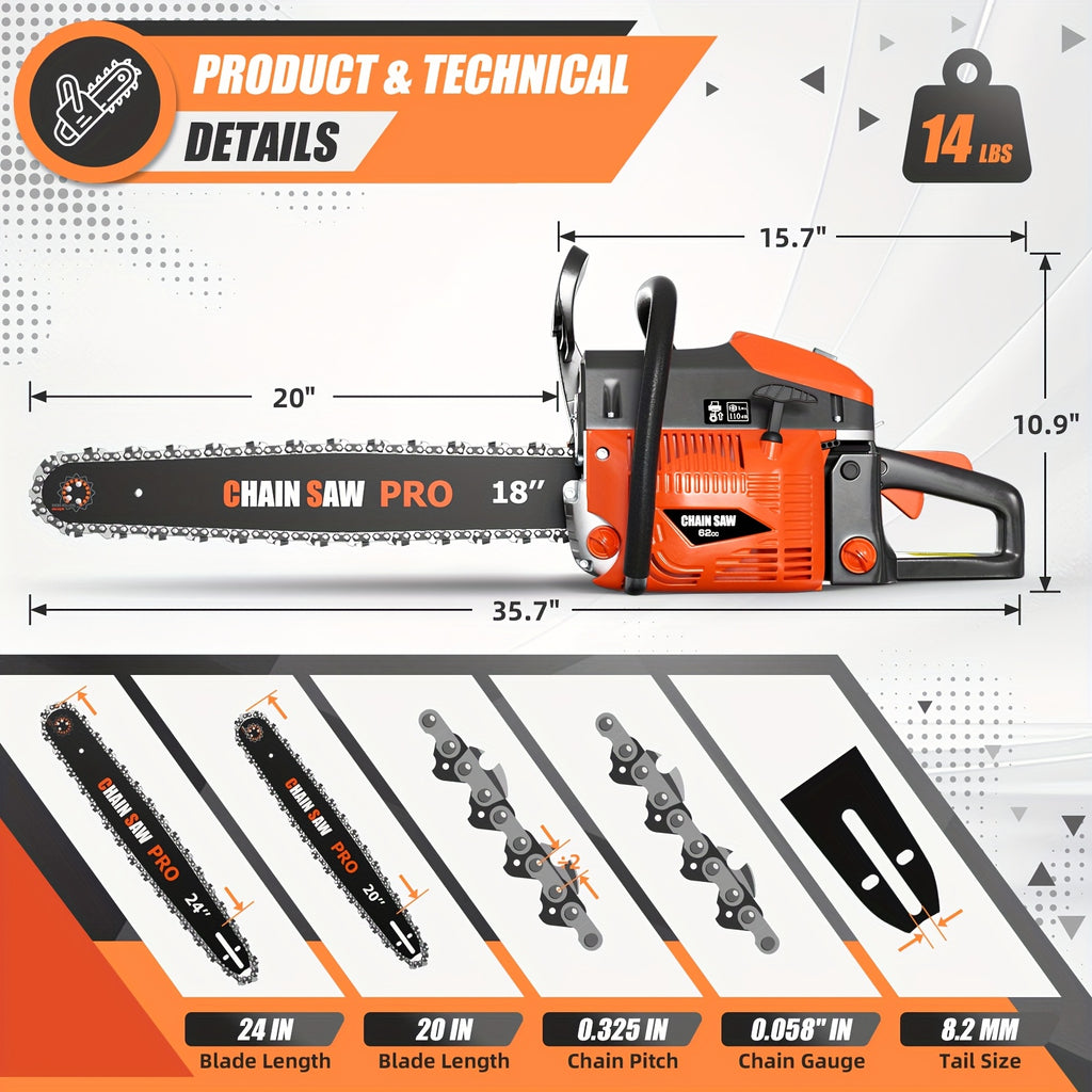 62CC Professional Chainsaw with 20, 22, 18, and 24 Inch Options, Featuring a 2-Stroke Engine, Ergonomic Non-Slip Handle, and Dual Fuel Tanks, Ideal for Cutting Wood, Trimming Trees, and Clearing Land
