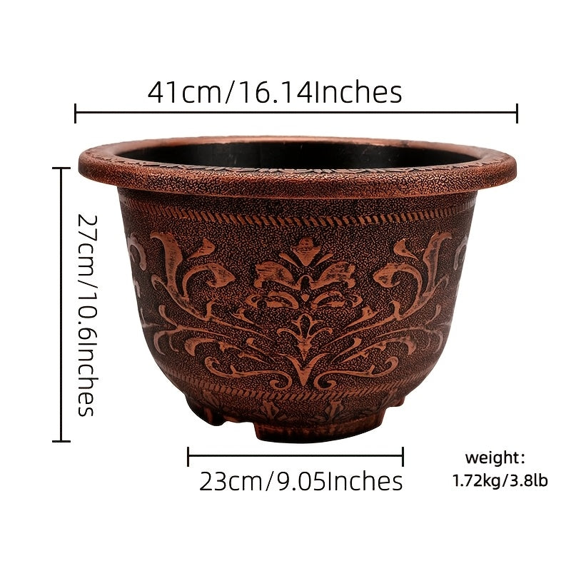 Buy 1 Get 1 Free 16 Inch Heavyweight Resin Planter with Drainage Holes - Large Bronze European Bonsai & Succulent Pot, Ornate Round Indoor/Outdoor Garden Planters for Trees, Shrubs, Home Decor (Free Shipping, Durable Resin)