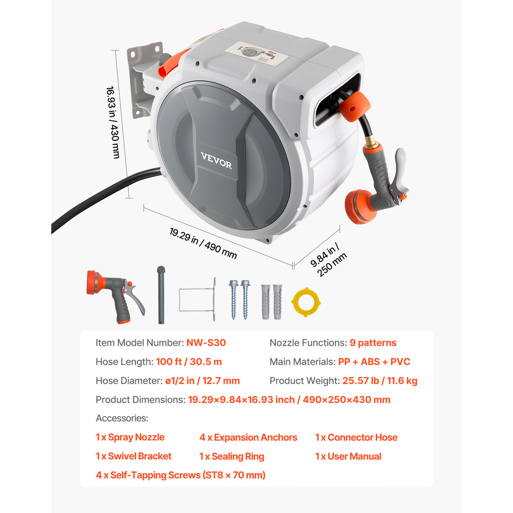 VEVOR Retractable Garden Hose Reel, 1/2 in x 100 ft, Wall Mounted Hose Reel with 9-Function Sprayer Nozzle and 180° Swivel Bracket, Any Length Lock, Automatic Slow Rewind System, for Garden Watering