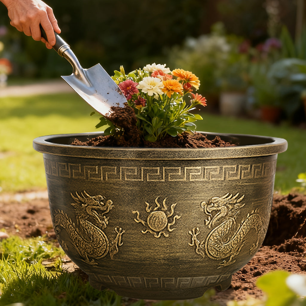 Buy 1 Get 1 Free, Total Of 2pcs Dragon-themed 17 Inch Resin Flower Pots - Christmas And Halloween Flower Pot - Intricate Design, Fish-Friendly, Self-Punching Holes, Ideal For Lotus & Small Trees Growth Seasonal Decoration Care