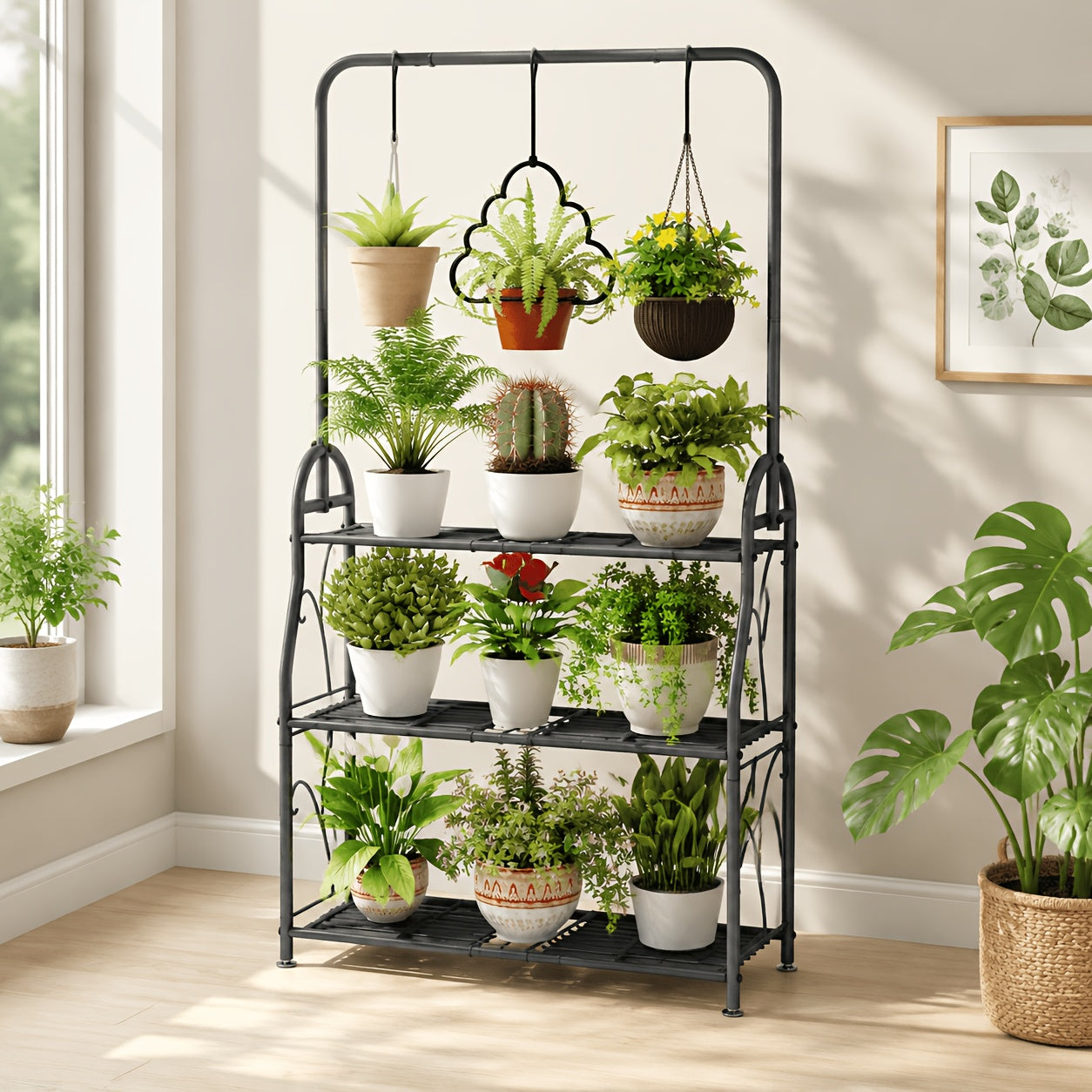 Plant Stand Indoor Outdoor Metal 3-Tiered Hanging Plant Shelf for Multiple Flower Planter Holders Tall Large Rack for Living Room Garden Balcony Dark
