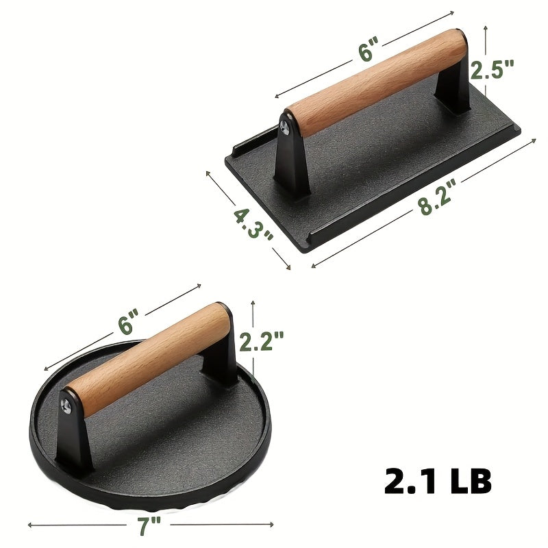 Dual-Size Cast Iron Smash Press - Heavy Duty Bacon & Patty Press with Ergonomic Wood Handle for BBQ/ Kitchen